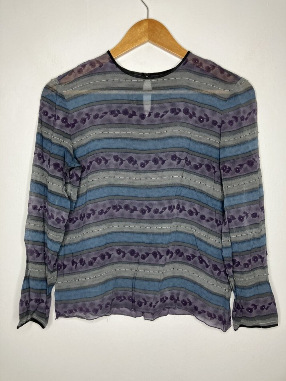 DANA BUCHMAN Women's Size 6 Small Silk Sheer Beaded Floral Stripe Blouse Top